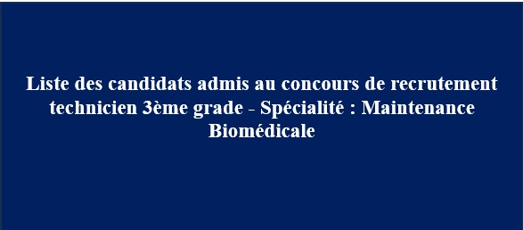 Liste des candidats admis au concours de recrutement technicien 3ème grade – Spécialité : Maintenance Biomédicale